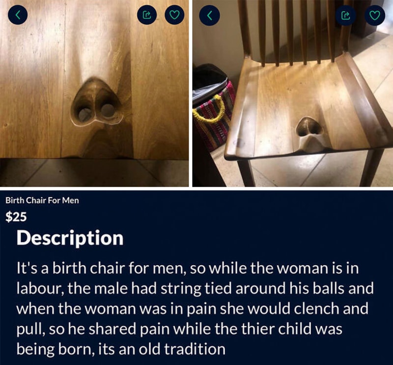 Rodící židle pro muže - žena zatahá za šňůrky, které jsou přivázány za jeho varlata, kdykoli má bolestivou kontrakci při porodu... on tak může sdílet její bolest