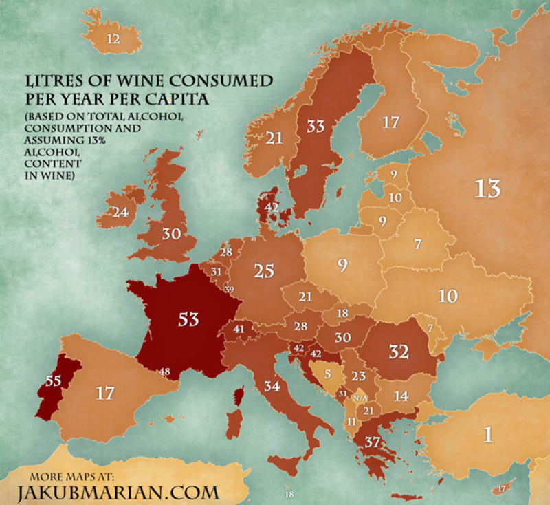 Spotřeba vína v litrech na obyvatele za rok - tady už jsou Češi průměrní a vedou dle očekávání Francouzi a Portugalci