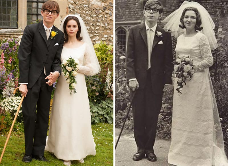 Eddie Redmayne a Felicity Jones jako Stephen Hawking a jeho žena Jane Wilde ve filmu Teorie všeho (2014)