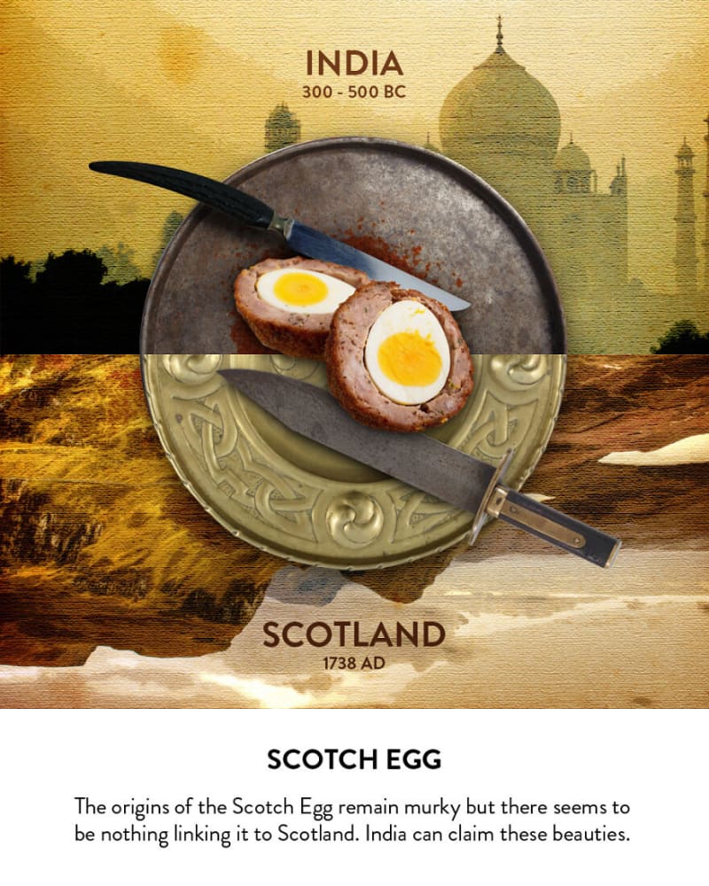 Skotská vejce - nejsou vůbec skotská, ale jedla se už před naším letopočtem v Indii pod názvem Nargisi kofta