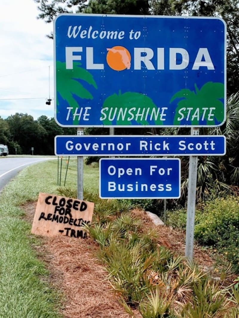 "Vítejte na Floridě - ve slunečním státě... Zavřeno pro přestavbu. Irma"