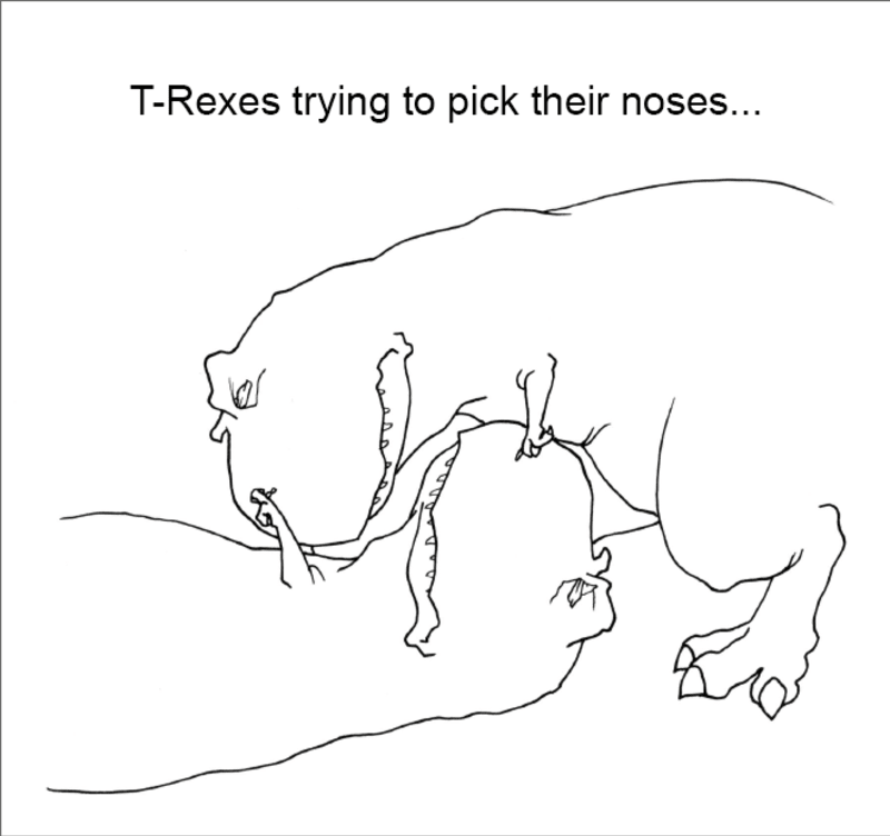 T-Rexové snažící se chytit se za nos