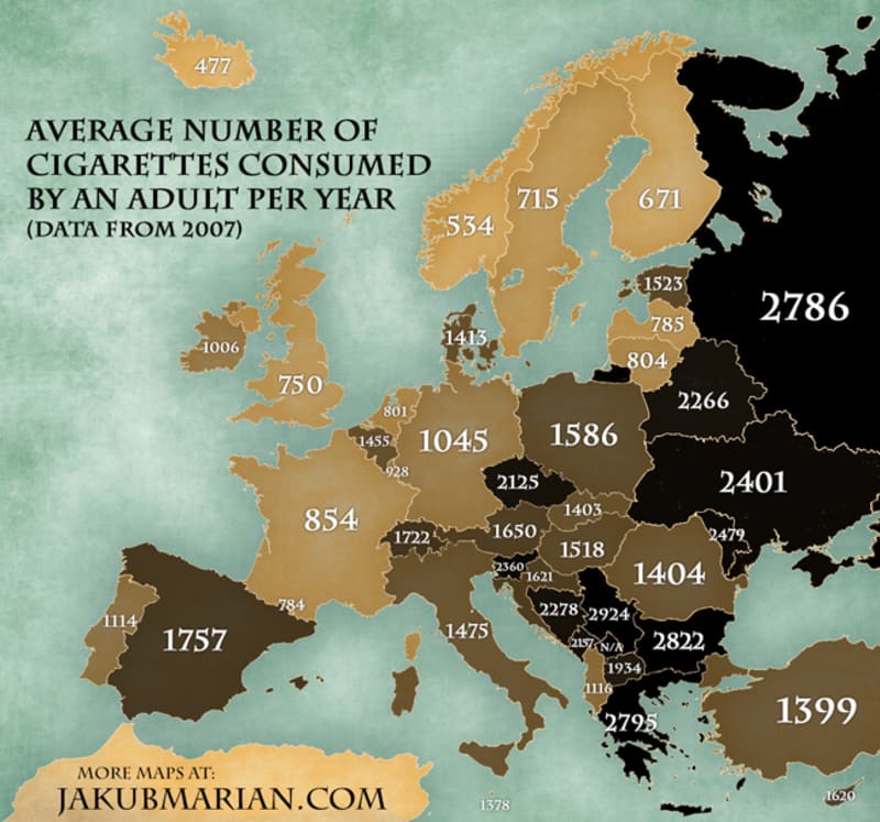 Průměrný počet cigaret spotřebovaných dospělými za rok - Česko patří v téhle statistice někam do Ruska či na Balkán