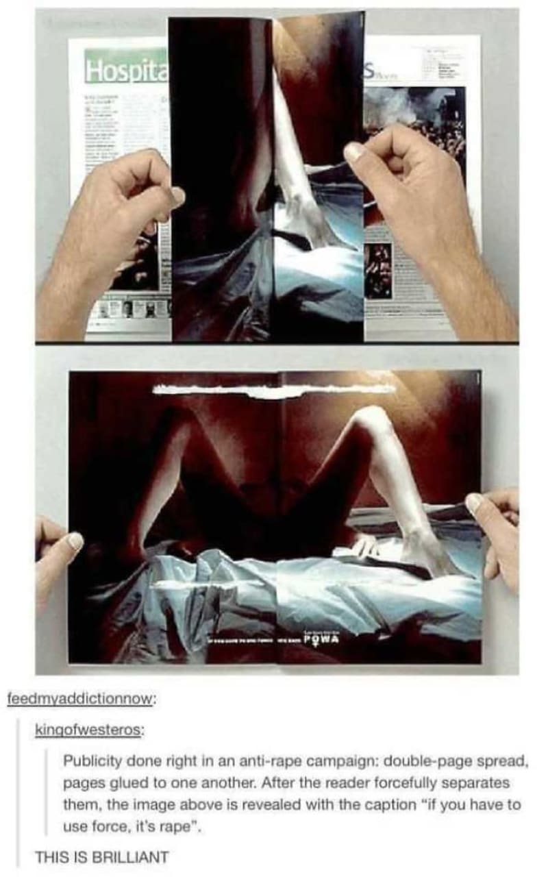 Kampaň proti znásilnění - slepená dvoustrana v časopise, když rozlepíte, objeví se fotka s textem "Když používáte sílu, je to znásilnění"