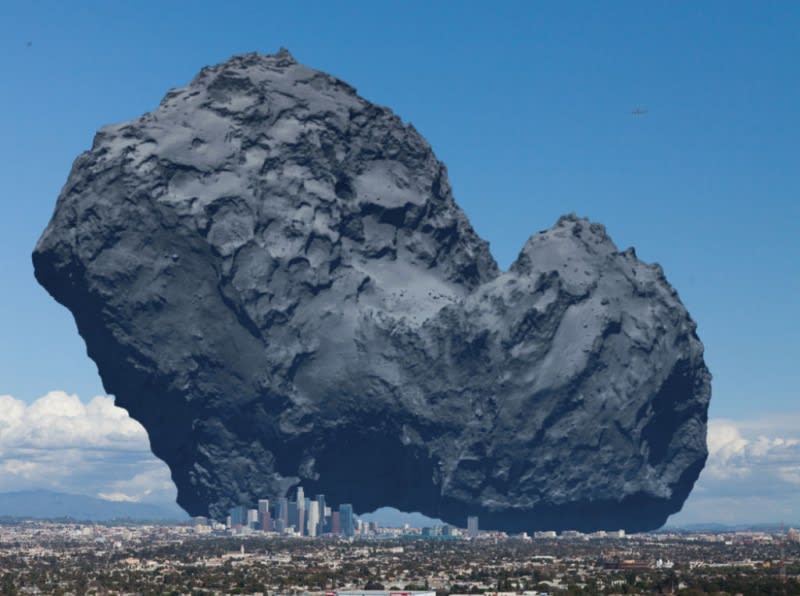 Průměrná velikost komety ve srovnání s panoramatem Los Angeles