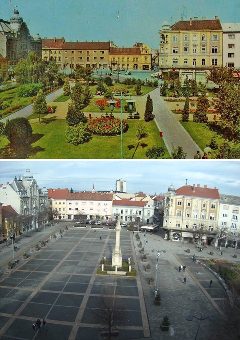 Náměstí maďarského města kdysi a dnes