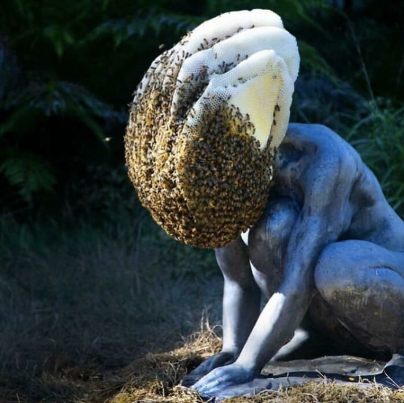 Socha, které má místo hlavy včelí úl