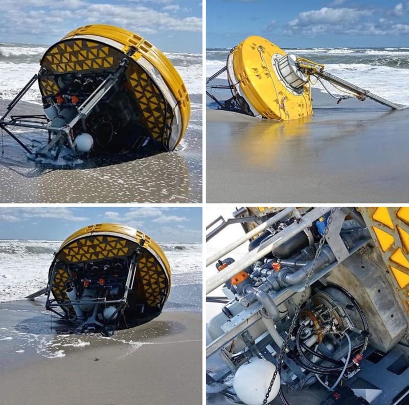 Podivné zařízení vyplavené na pláž na Floridě je desalinátor značky Oneka, který vyrábí ze slané vody pitnou a dobíjí ho pohyb mořských vln