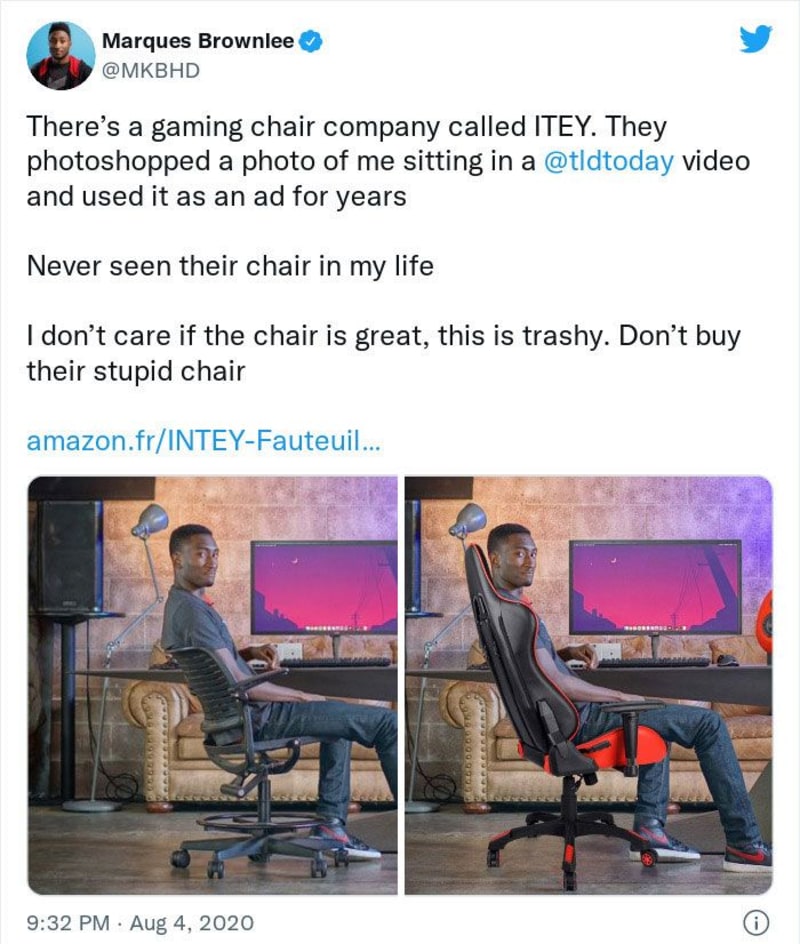 Výrobce křesel, co slavného youtubera bez jeho vědomí prostě ve Photoshopu posadí na svůj produkt