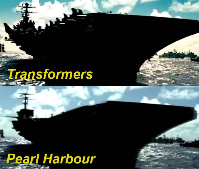 Záběry z filmu Transformers (nahoře) / Pearl Harbor (dole)