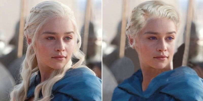 Daenerys nemá v seriálu své fialové oči, to je ovšem pouze drobnost proti vlasům, které ji dvakrát celé shořely... Aktuální stav by byl tedy maximálně takový