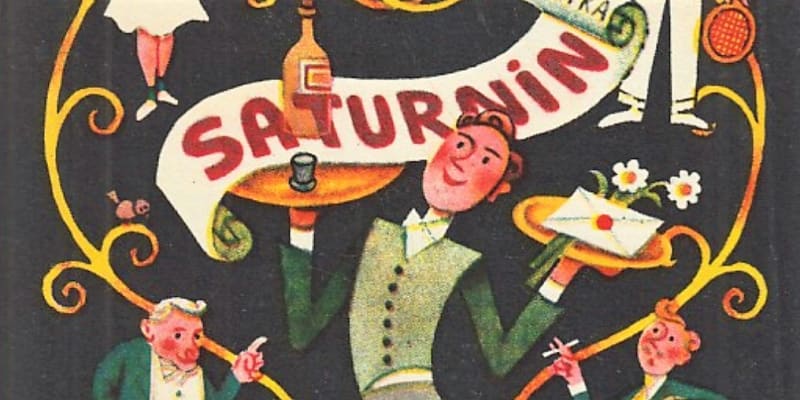 Obálka Saturnina z roku 1954, knihu vydalo nakladatelství Československý spisovatel. Ilustrace Václava Pátka.