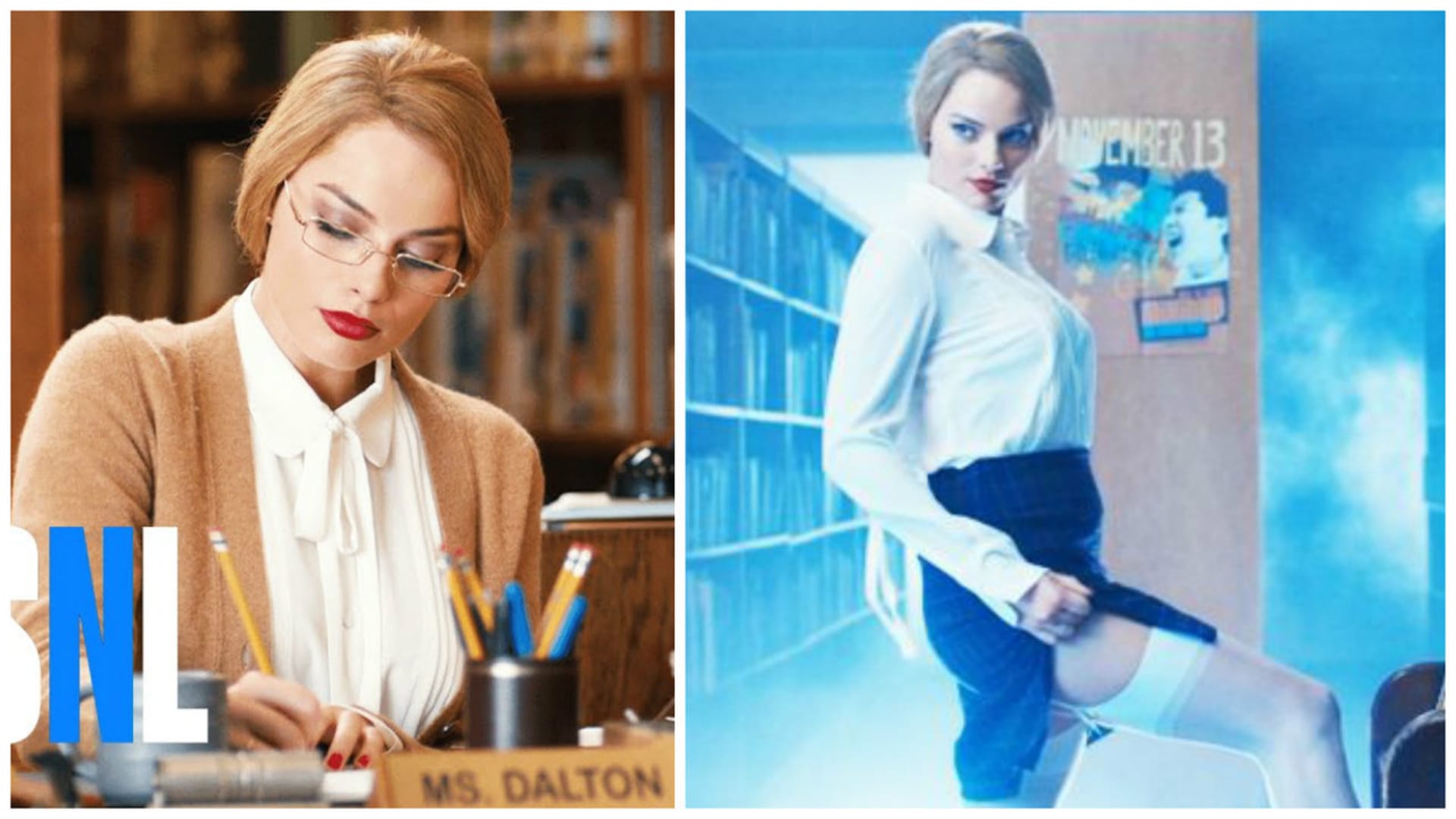 Margot jako sexy knihovnice.