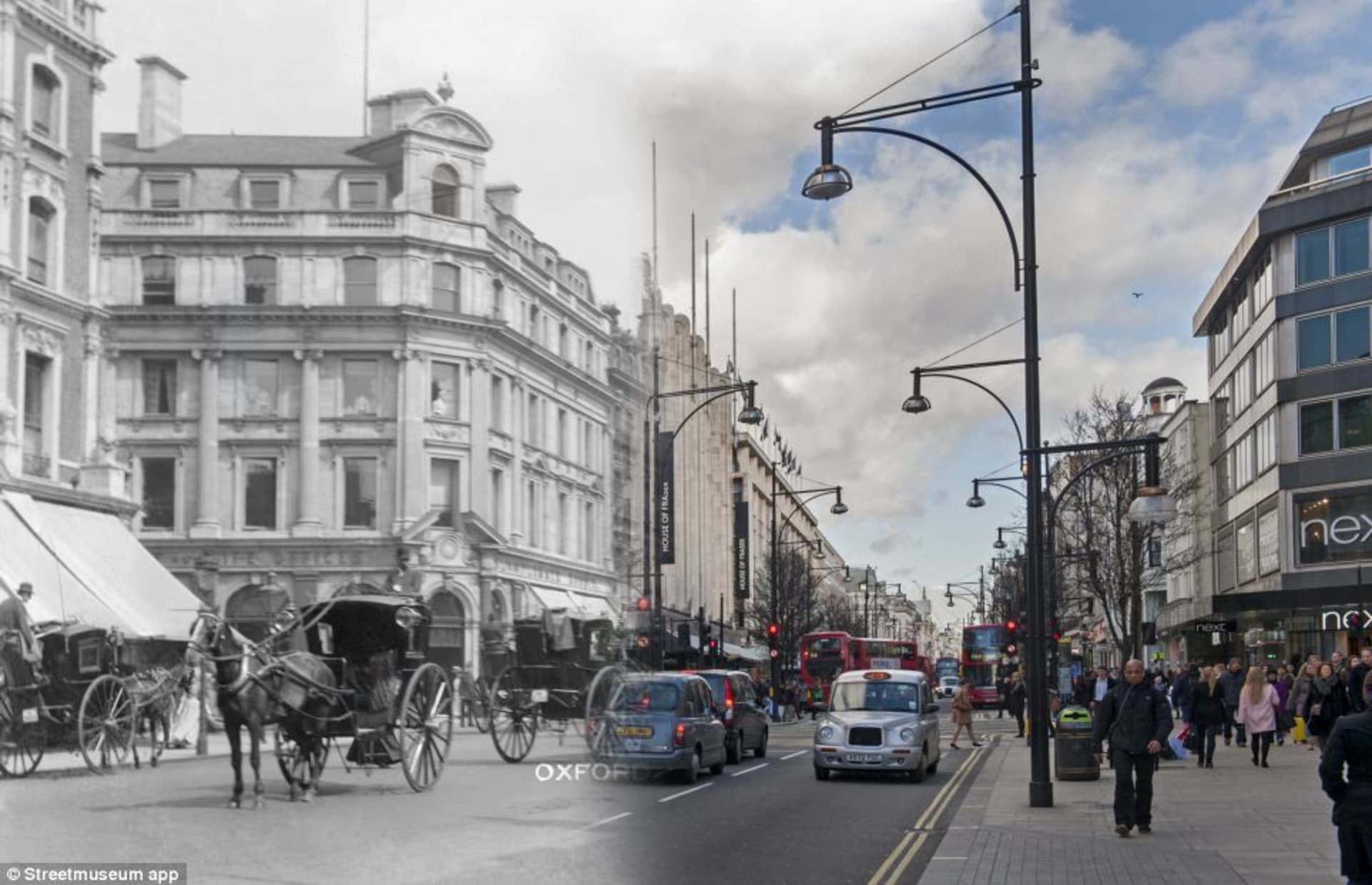 Lidé a provoz v ulici Oxford Street na přelomu 20. století. Christina Broom v této době fotografovala v Londýně pouliční scény jako pohlednice na prodej