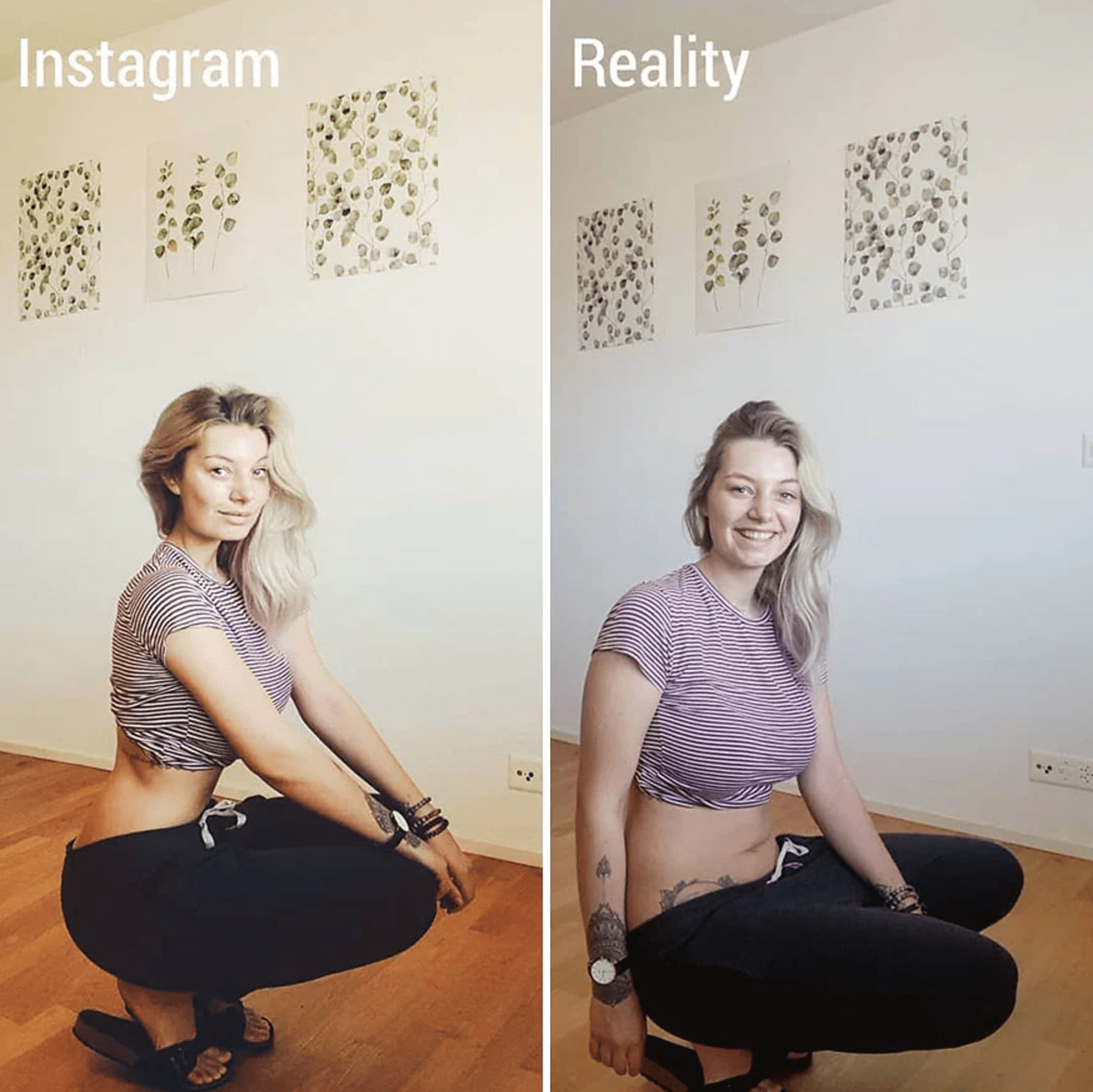 Žena ukazuje rozdíl mezi fotkami na Instagramu a realitou 1