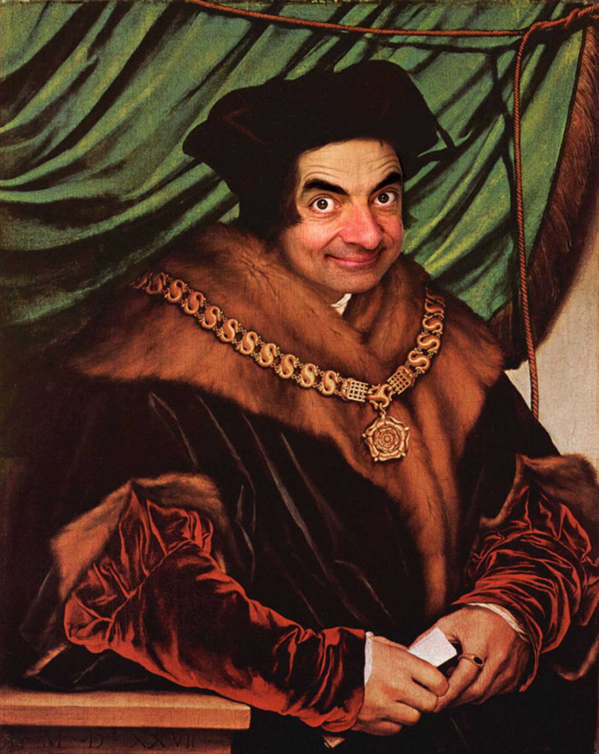 Mr. Bean digitálně zapracovaný do historických portrétů... Původně "Sir Thomas More" od Holbeina mladšího
