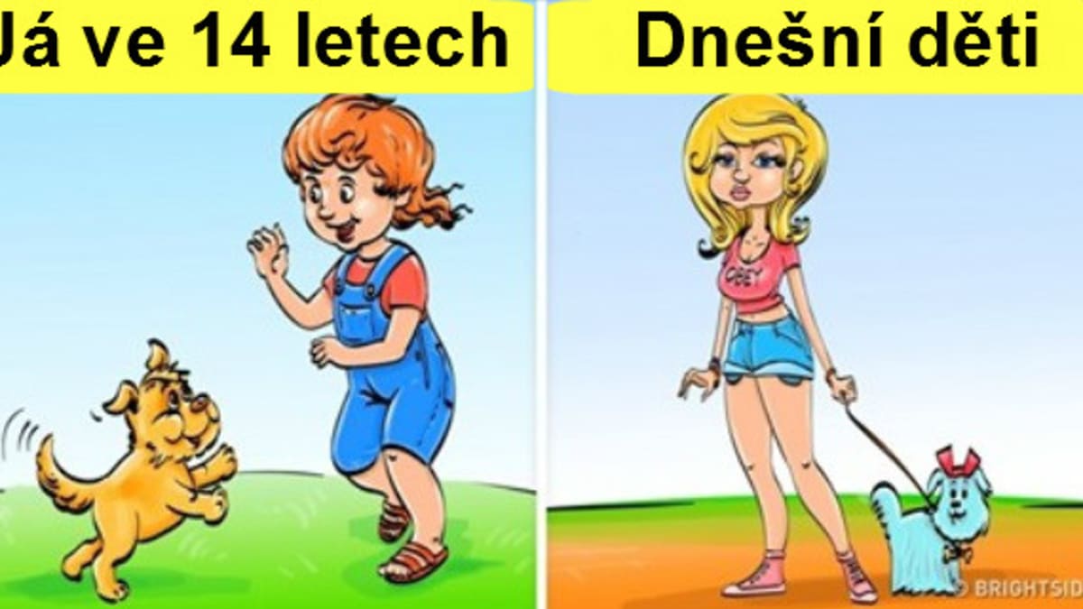 Ilustrace ukazující rozdíly mezi naším a současným dětstvím.