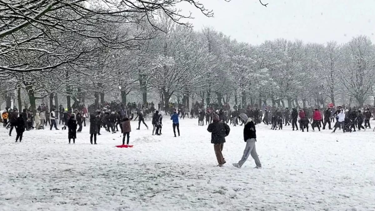 Sněhová bitva v parku plném lidí 1