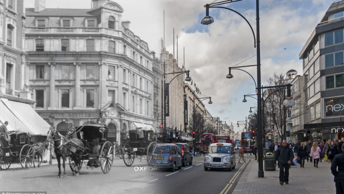 Lidé a provoz v ulici Oxford Street na přelomu 20. století. Christina Broom v této době fotografovala v Londýně pouliční scény jako pohlednice na prodej