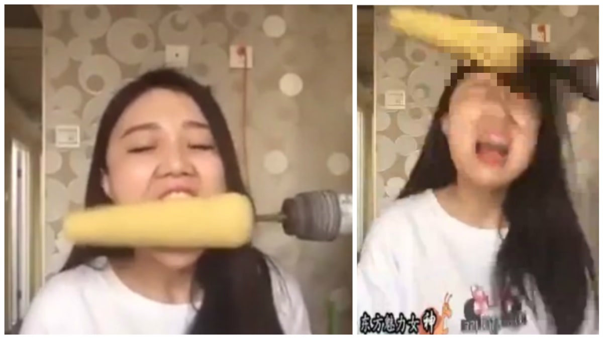 Dívka se snaží sníst kukuřici pomocí vrtačky