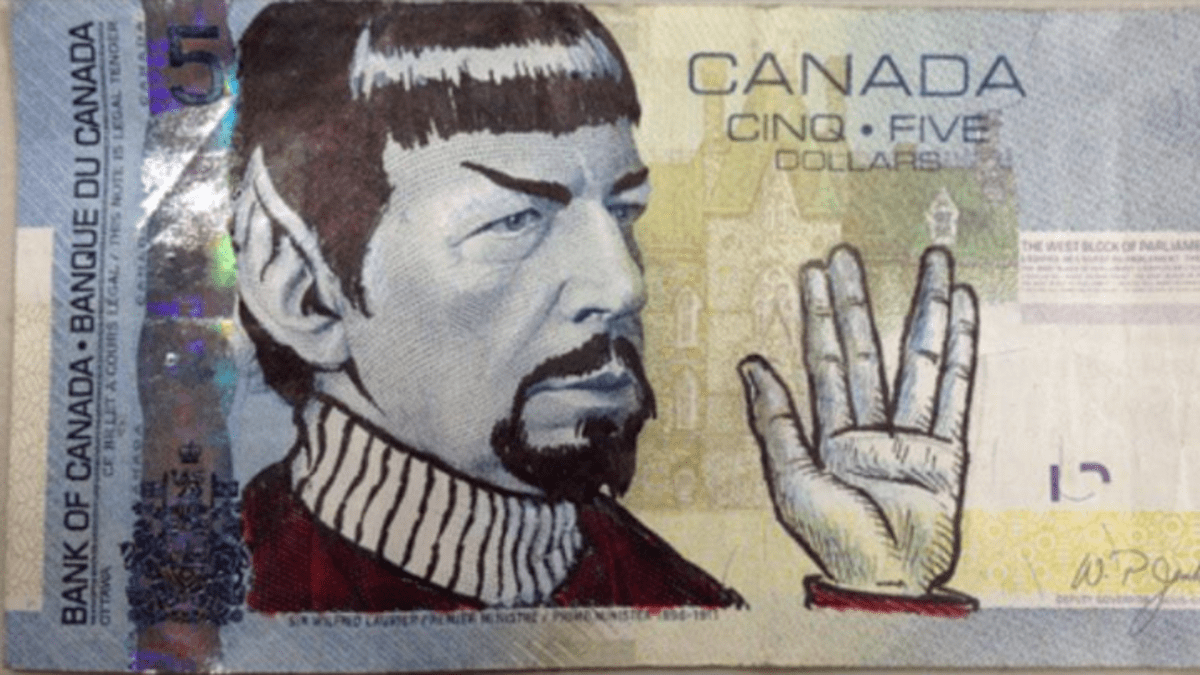 Pan Spock na kanadské pětidolarovce.