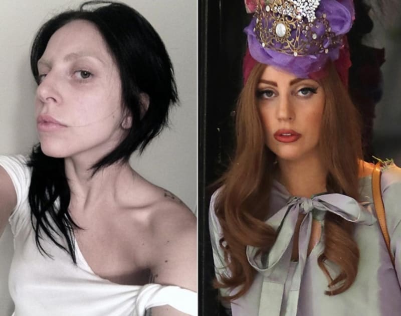 Zpěvačka Lady Gaga nenalíčená a nalíčená