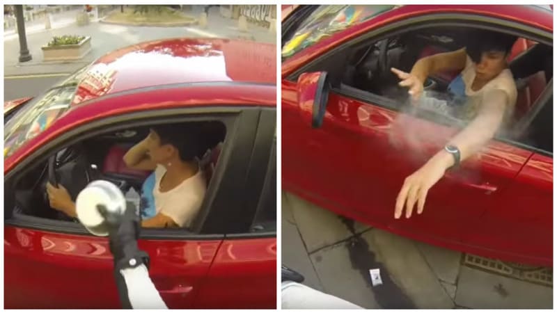 VIDEO: Sobecká bordelářka vyhazovala odpadky z okénka auta. Pak jí ale mstitelka na motorce udělila pořádnou lekci!