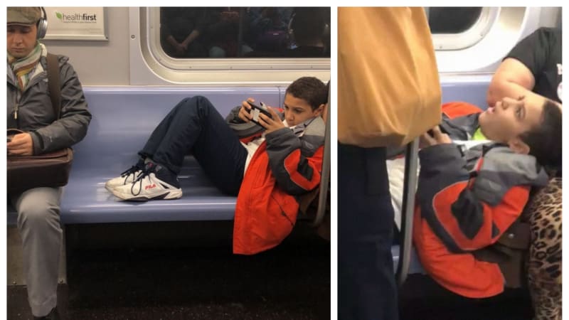 GALERIE: Nevychovaný kluk v metru odmítá dát dolů nohy ze sedačky. Sledujte jeho reakci, když si na ně sedne tenhle muž