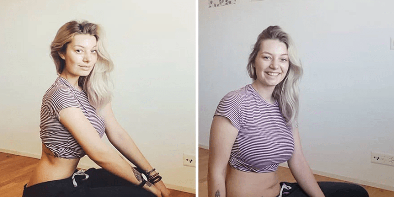 Žena ukazuje rozdíl mezi fotkami na Instagramu a realitou 1