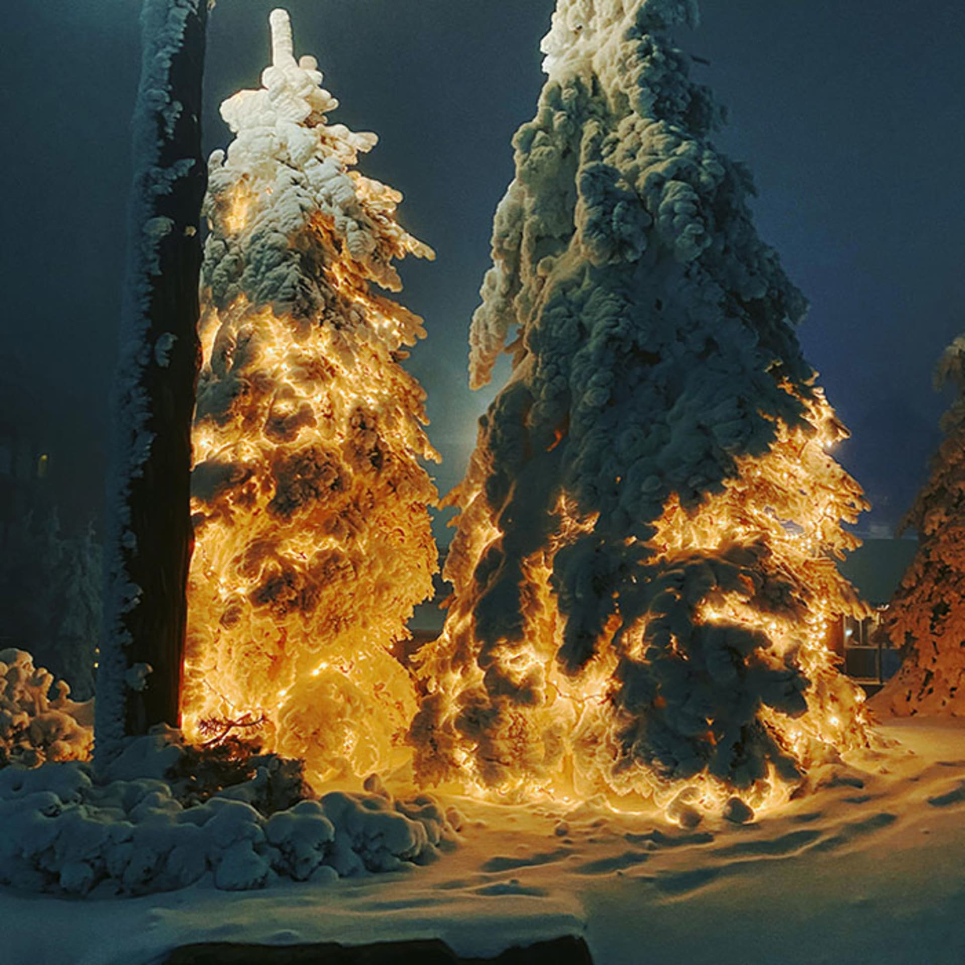 Zasněžené stromy s vánočním osvětlením vypadají jako odstartování rakety