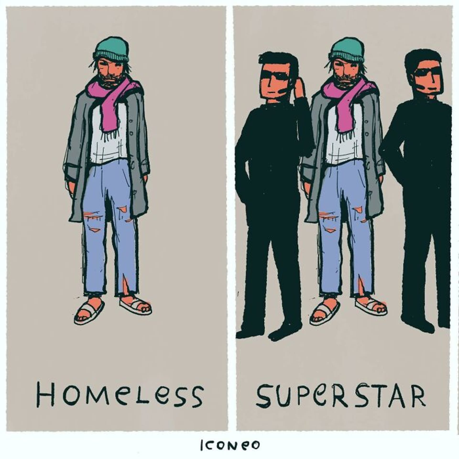 Rozdíl mezi celebritou a bezdomovcem.