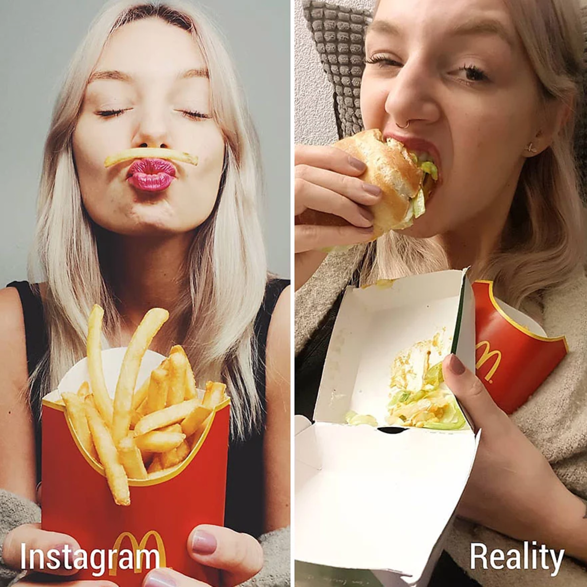 Žena ukazuje rozdíl mezi fotkami na Instagramu a realitou 17