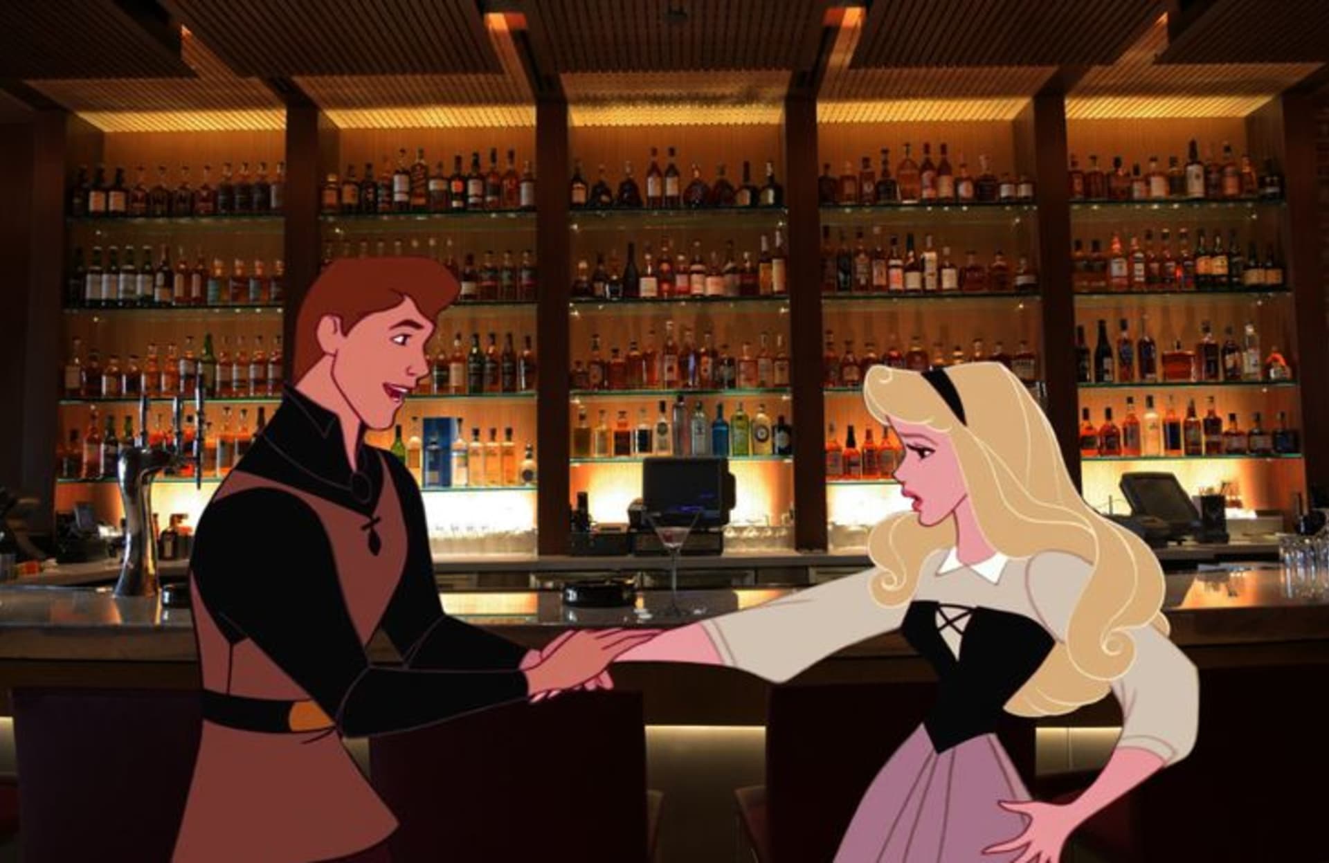 Princ svádí Šípkovou Růženku v baru