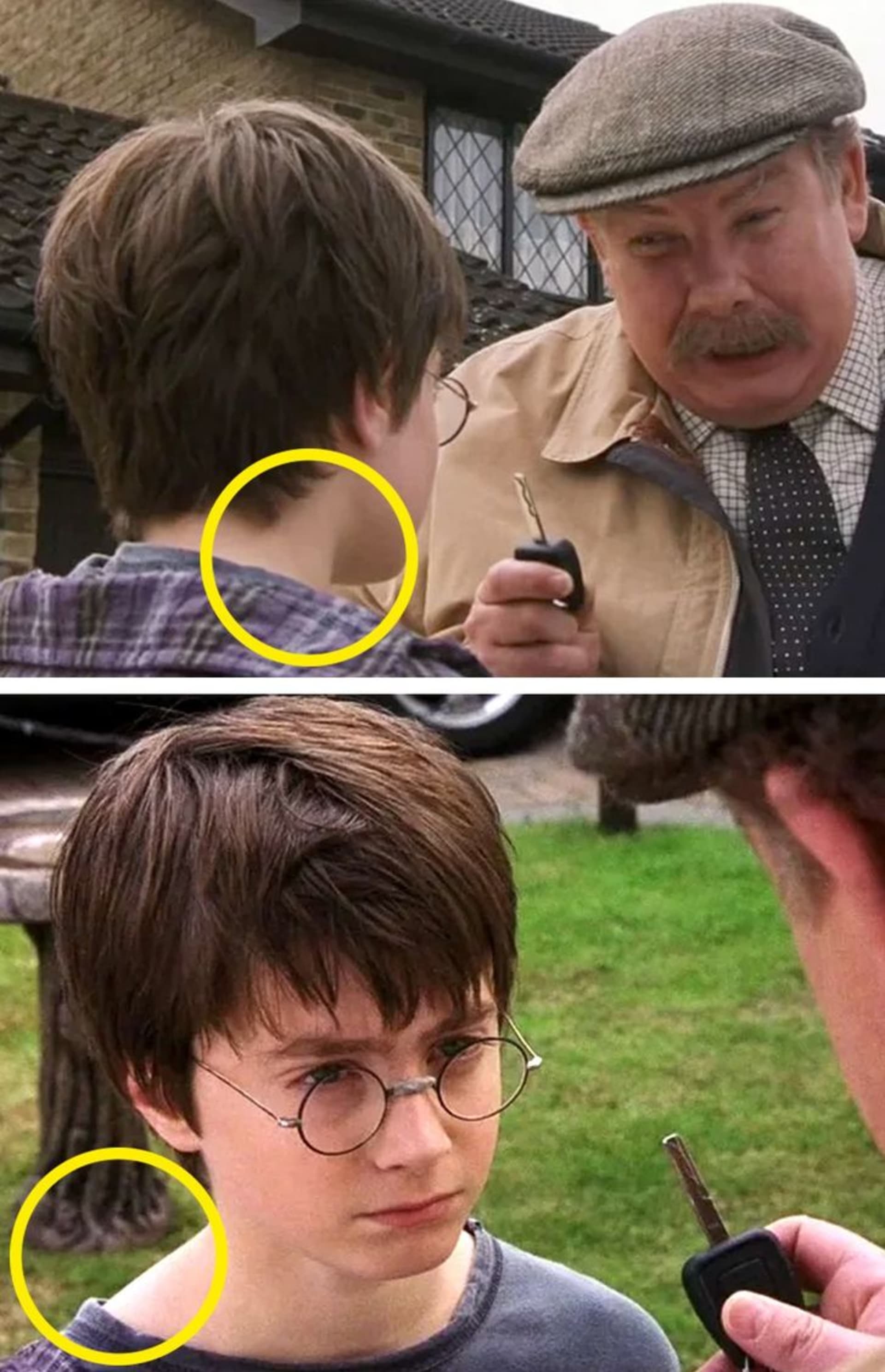 Harryho límec košile je v jednu chvíli u jeho krku, ale scénu poté je na rameni.