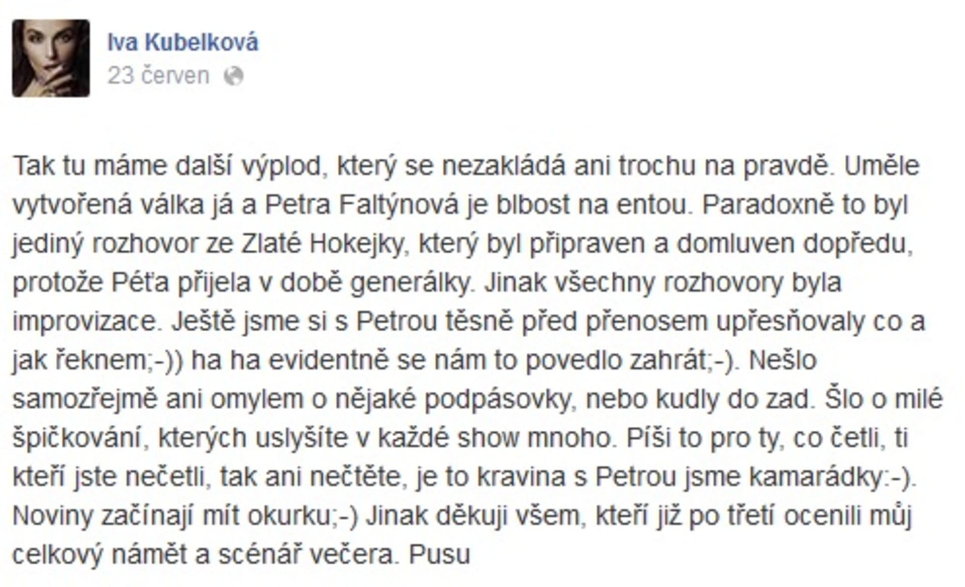 Iva Kubelková napsala prohlášení na svůj facebookový profil.