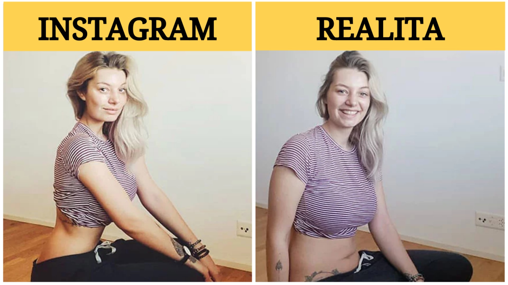 Žena ukazuje rozdíl mezi fotkami na Instagramu a realitou 20