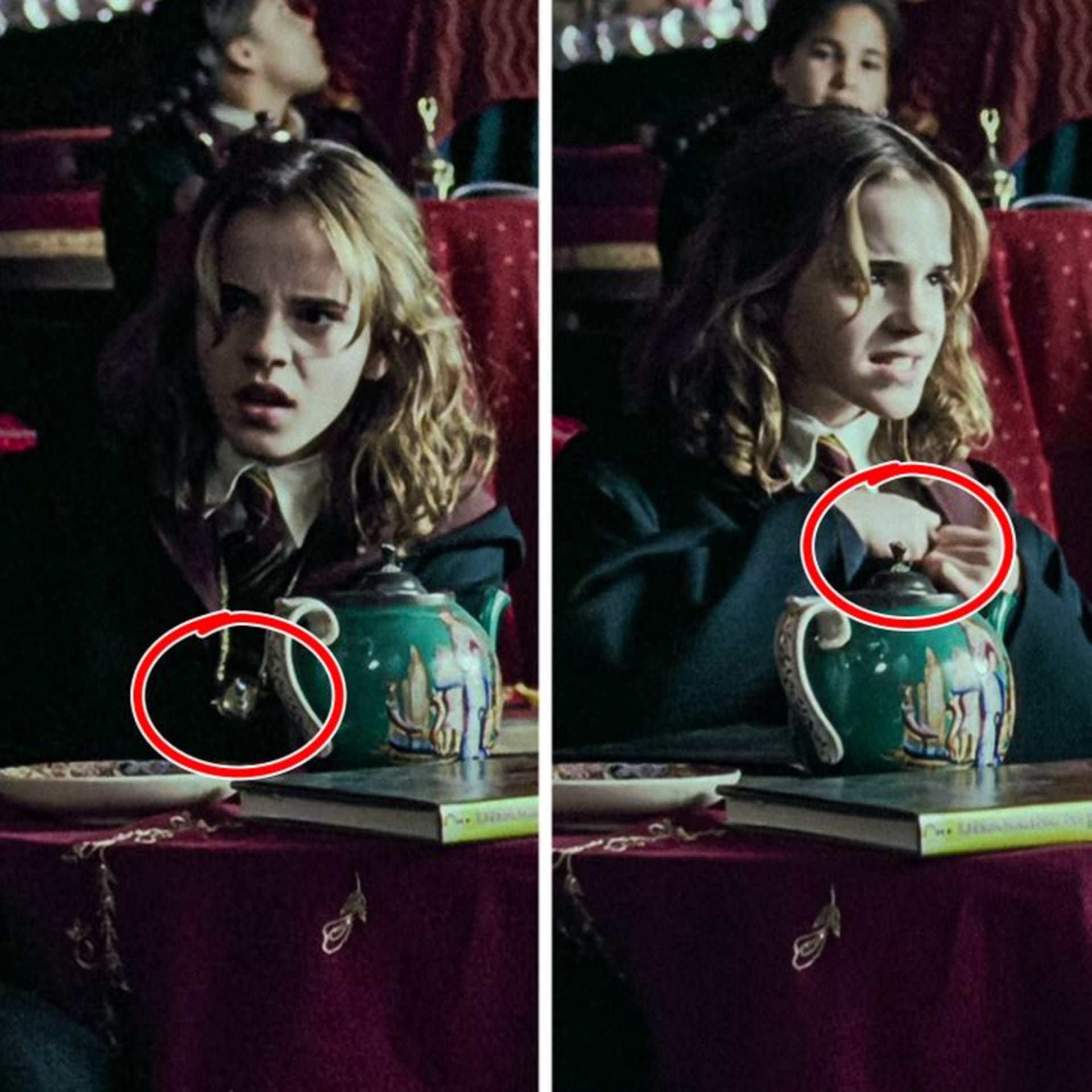 Ve třetím díle, když se Hermiona z ničeho nic objevila ve třídě jasnovidectví, si schovává pod hábit obraceč času