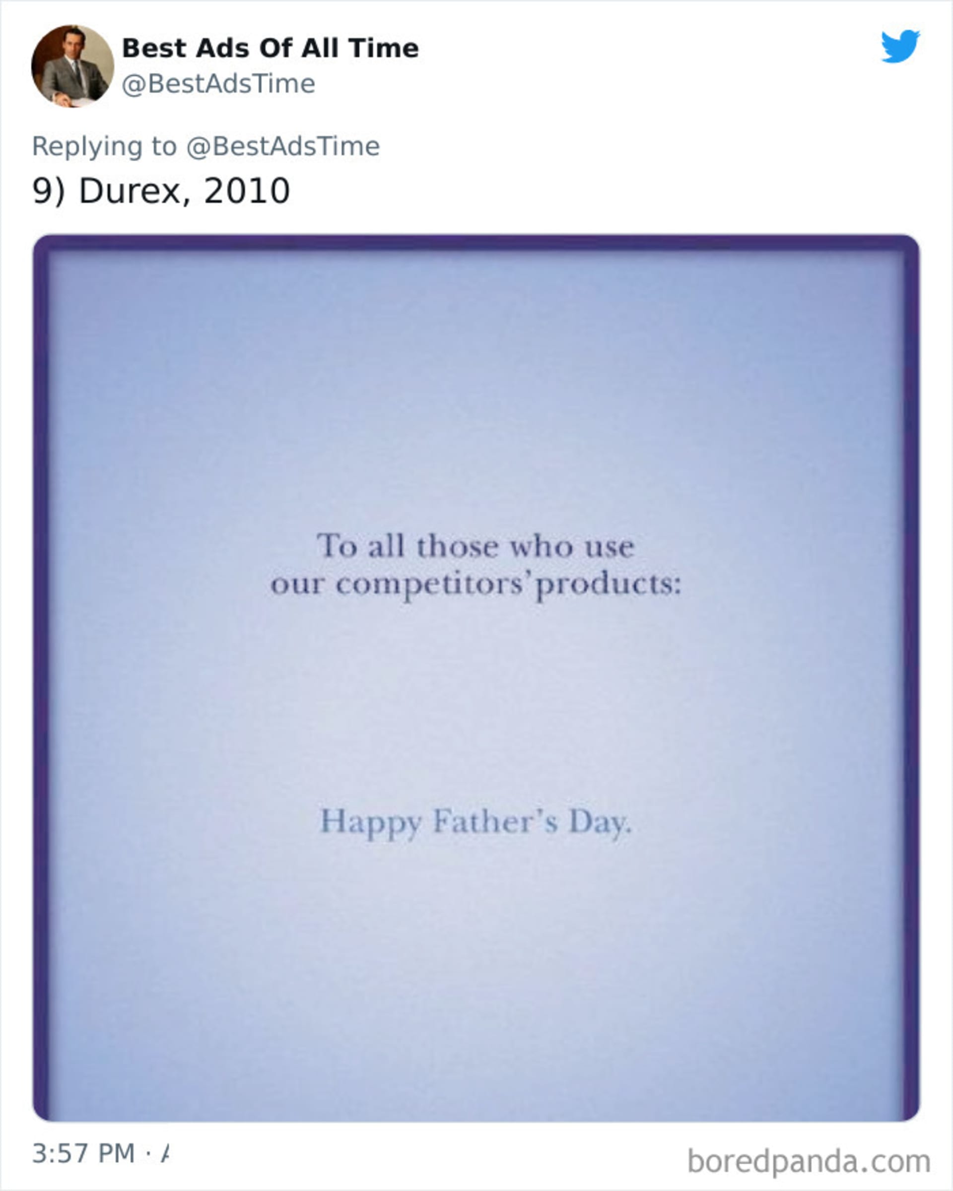 Všem, kteří se chrání konkurencí, šťastný Den otců. Durex.