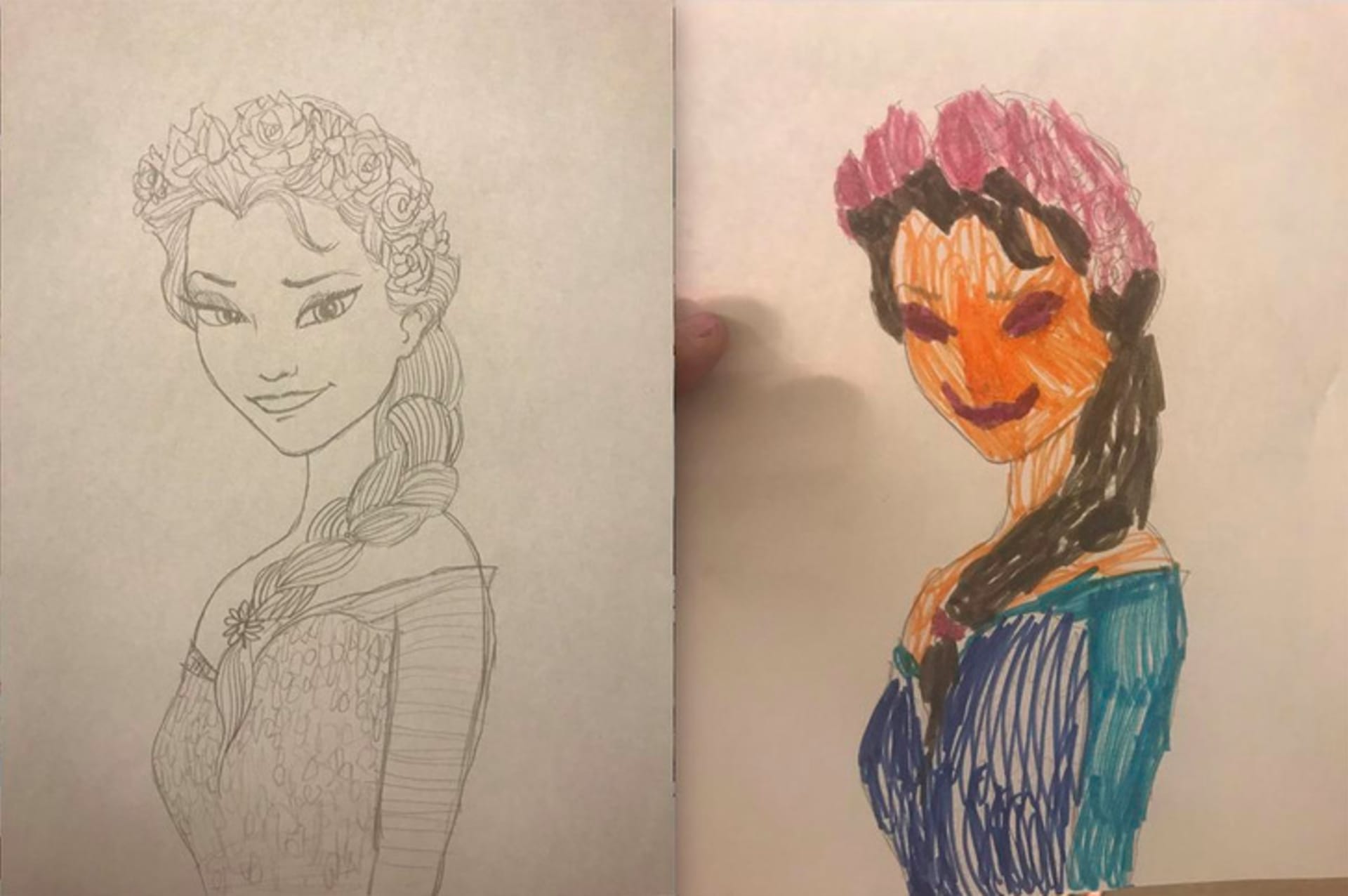"Moje čtyřletá dcera chtěla nakreslit Elsu, aby jí mohla vybarvit."