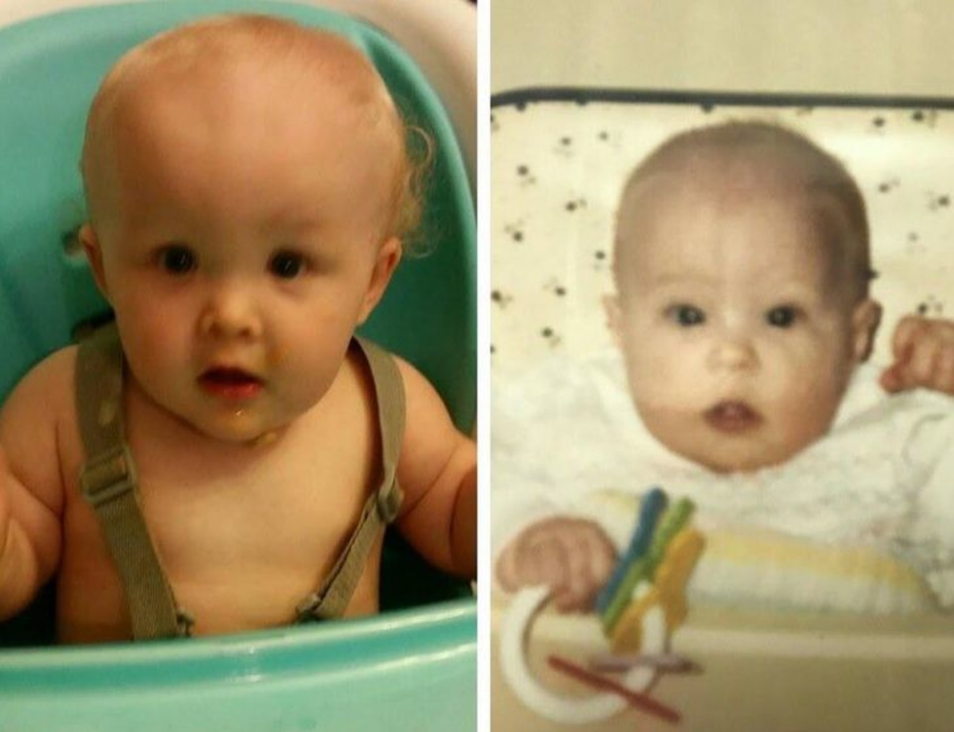 Můj syn v 9 měsících v roce 2018 vs. já v 9 měsících v roce 1989.