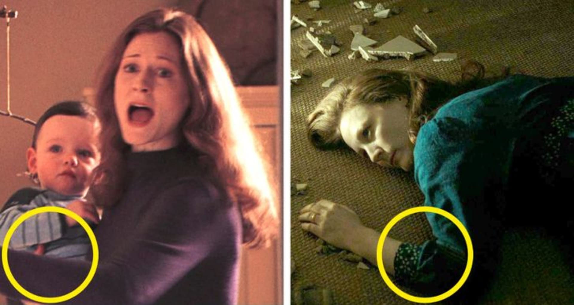 V prvním díle ve scéně o smrti Lili Potterové má hrdinka úplně jiné oblečení než v posledním díle u stejné scény.