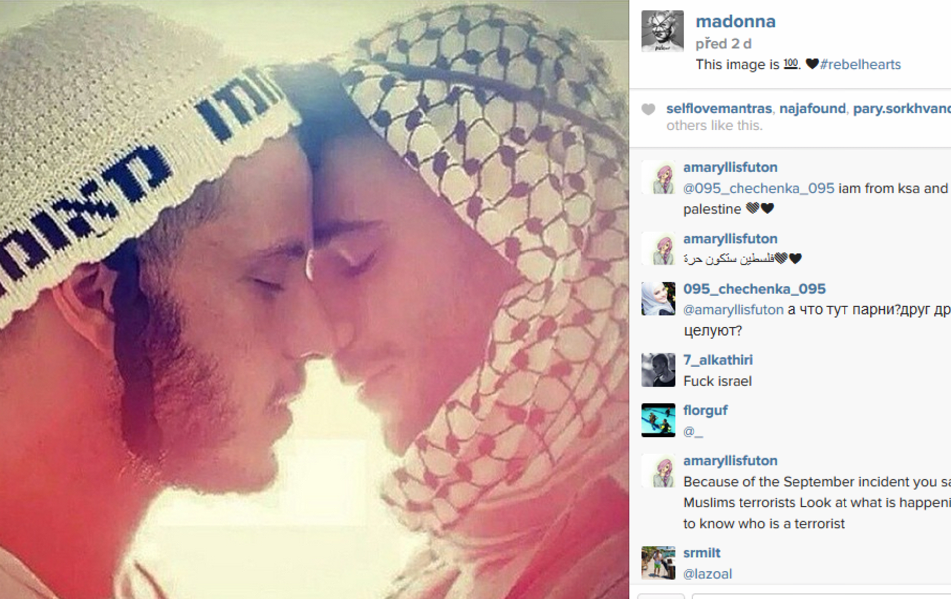 Madonna si nasdílela na Instagram fotku muslima a Žida, kteří se chystají k polibku. Tím zase rozvířila sociální sítě.