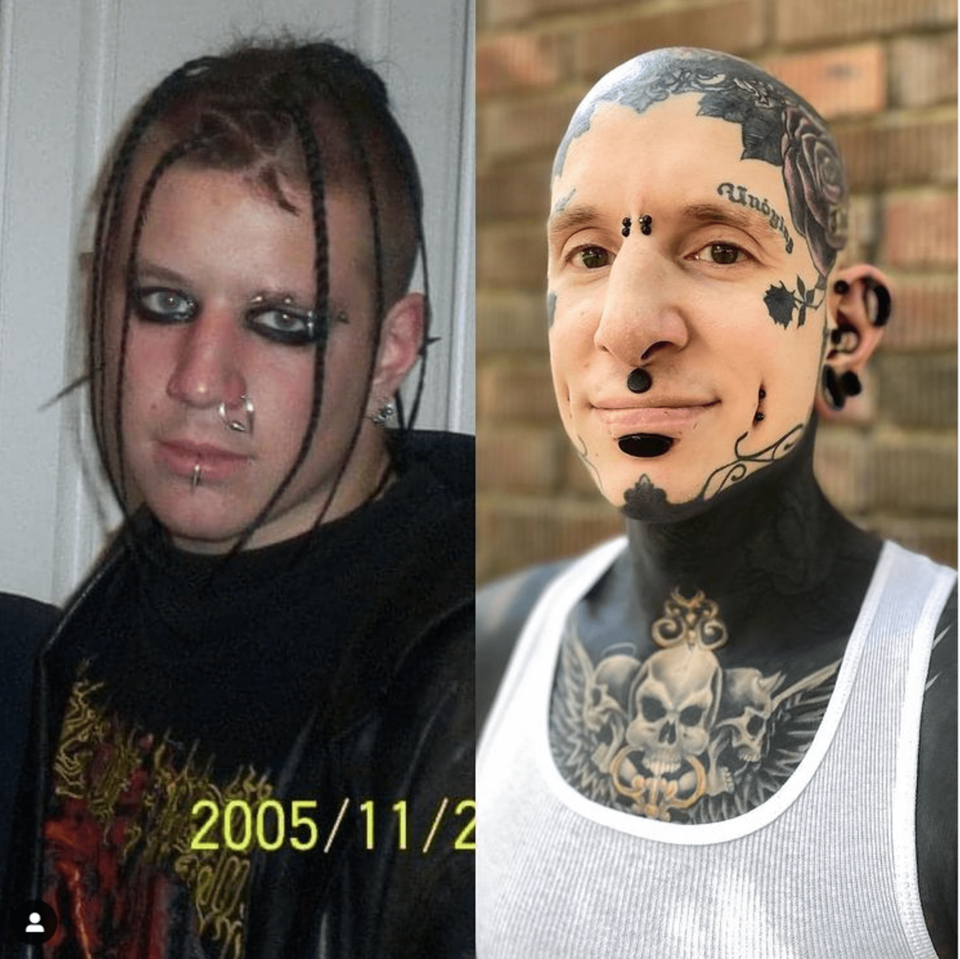 Na levé fotce je Remy před několika lety jen s pár piercingy