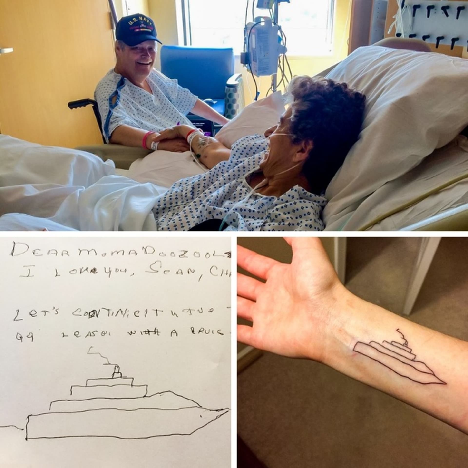 "Moje máma a táta měli rakovinu v tu samou dobu. Udělal jsem si tetování na jejich památku. Je to psaní, co napsal můj táta pro moji mámu, když ji nemohl navštívit v nemocnici."