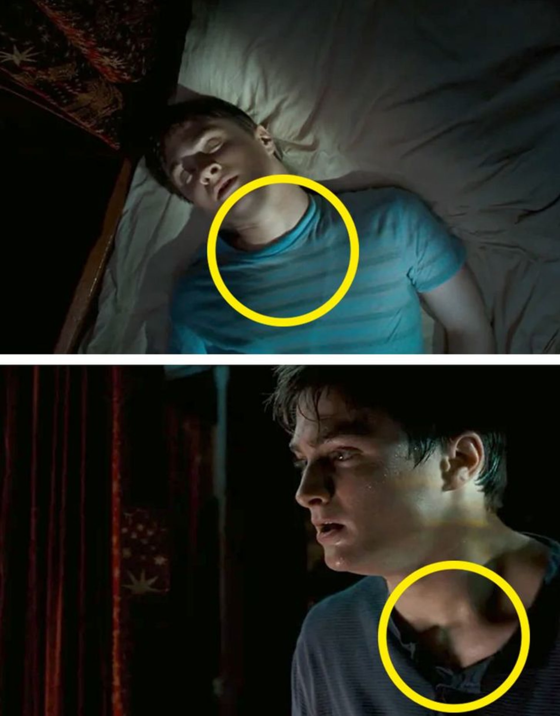 Když se Harrymu ve pátém díle zdá noční můra, má na sobě obyčejné tričko. Jakmile se ale probudí, jeho tričko má knoflíky.