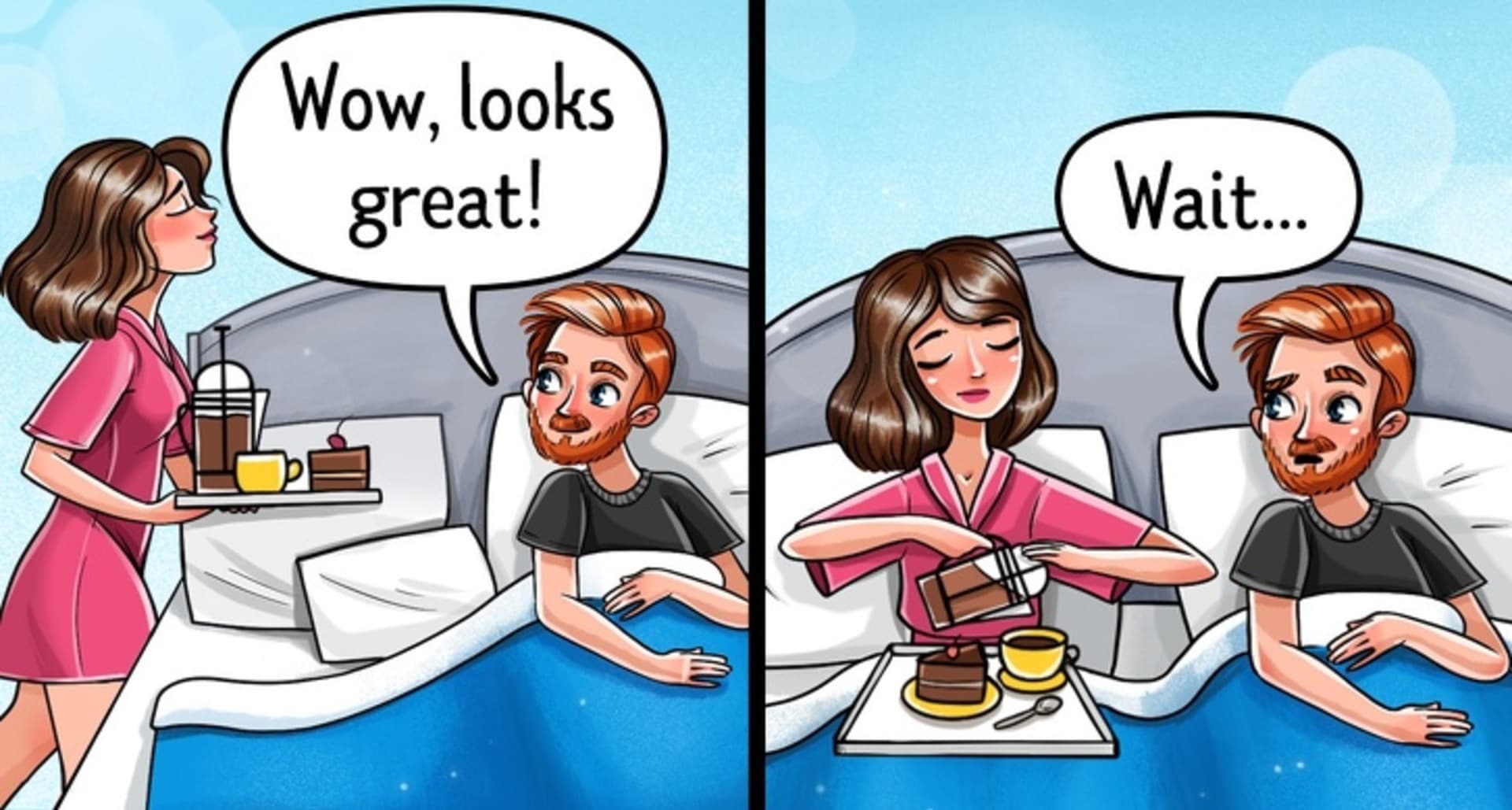 Ilustrace, které ukazují realitu moderních vztahů.