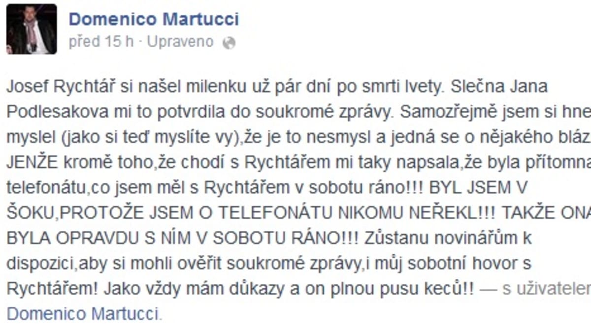 Domenico Martucci se vyjádřil ke zprávě od Jany na svém facebookovém profilu.