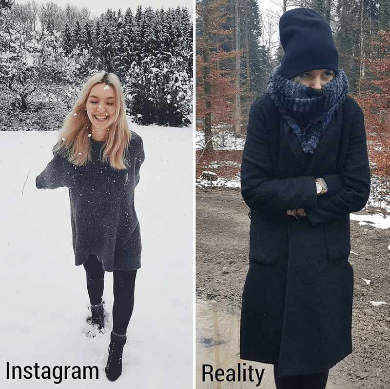 Žena ukazuje rozdíl mezi fotkami na Instagramu a realitou 2