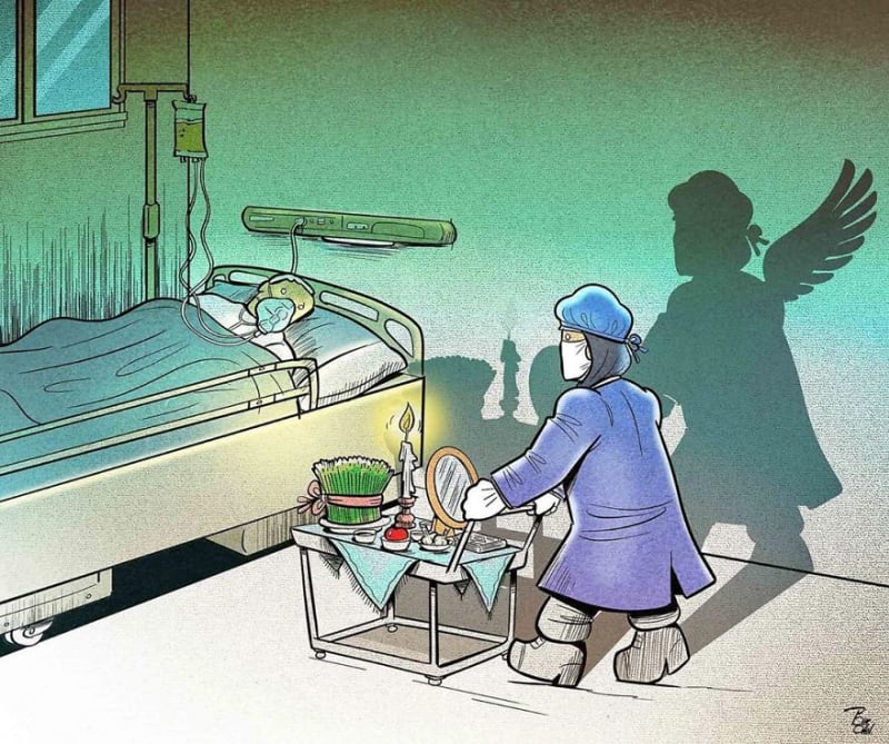 Íránský umělec kreslí ilustrace, které ukazují obětavost zdravotníků v boji s koronavirem 3