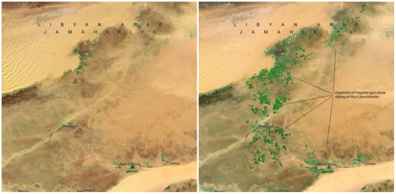 Umělá řeka Buatan Raya, Libye, 1987 a 2010